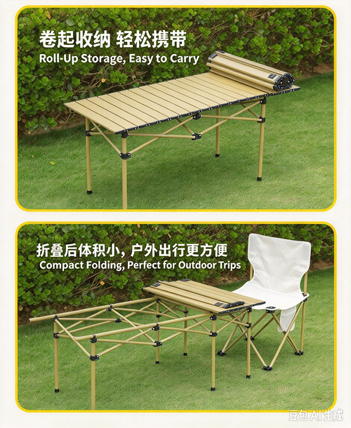 Folding Camping Table and Chairs Set, Portable Roll Up Egg Roll Table, Outdoor Picnic Camping Full Equipment Kit for BBQ, Travel, Market Stall（1 Table +4 Chairs）