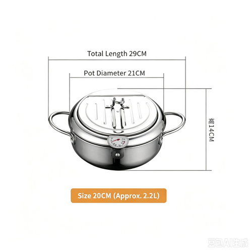 Stainless Steel Japanese Deep Fryer with Lid, Thermostatic Control, Multi-layer Bottom, Universal for All Stovetops, Household Frying Pot