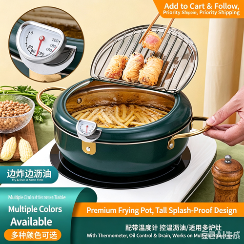 Stainless Steel Japanese Deep Fryer with Lid, Thermostatic Control, Multi-layer Bottom, Universal for All Stovetops, Household Frying Pot