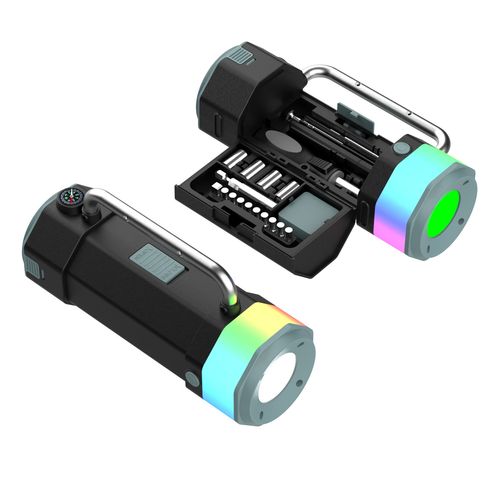 Multifunctional RGB Flashlight DK-109, Car Emergency Tool Kit with Screwdriver Set, Waterproof Camping LED Work Light with Compass & Alarm SOS Light