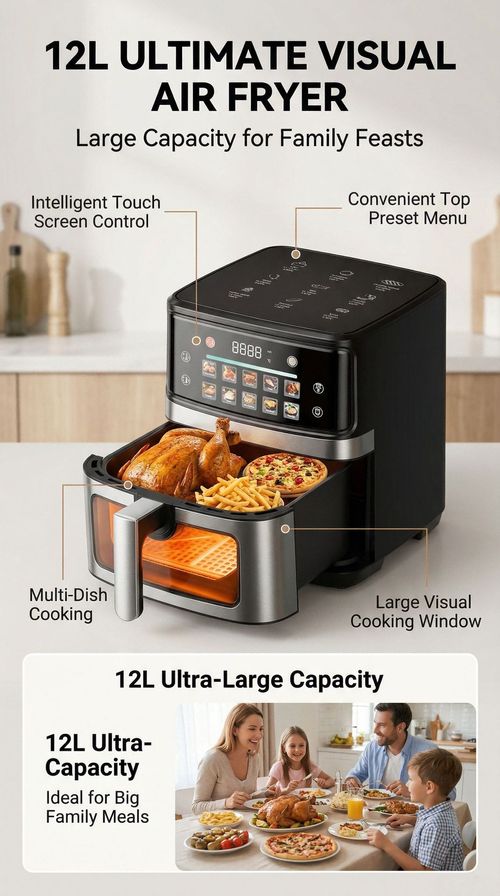 12L Large Visible Air Fryer Oven, HD Color Touch Screen, Full Stainless Steel Inner, Multi-function Oil-Free Cooker, UK Plug 220V 50Hz