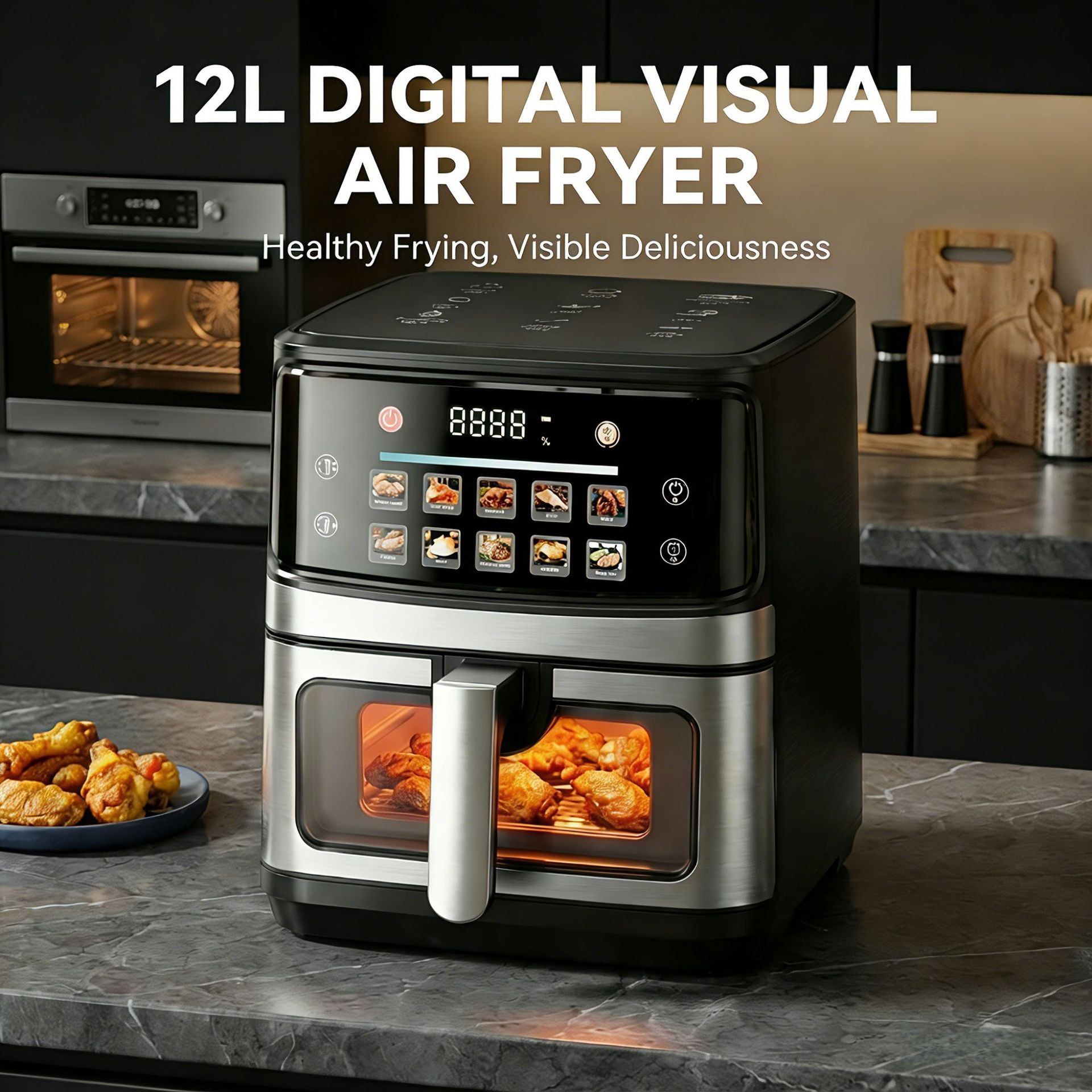 12L Large Visible Air Fryer Oven, HD Color Touch Screen, Full Stainless Steel Inner, Multi-function Oil-Free Cooker, UK Plug 220V 50Hz