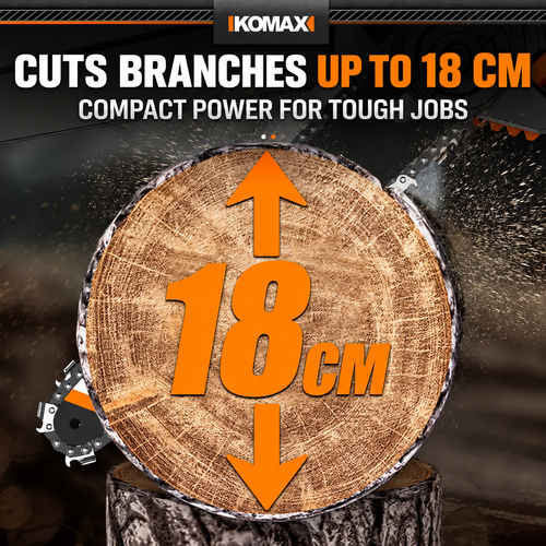 🔥 KOMAX 6-Inch Cordless Mini Chainsaw – Powerful Brushless Motor | Rechargeable Battery | Electric Wood Cutting & Tree Pruning Saw | Complete Tool Kit