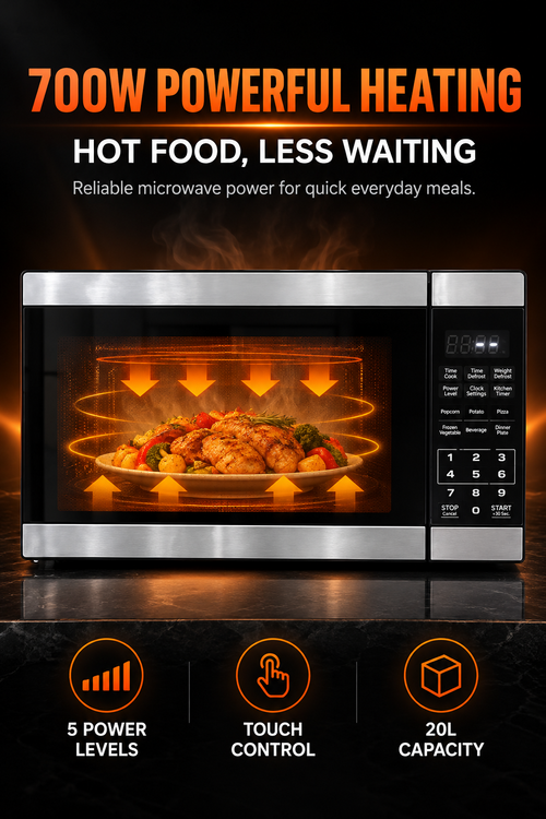 🔥 20L Digital Microwave Oven – 700W Fast Heating | Touch Control | 5 Power Levels | Perfect for Every Kitchen!