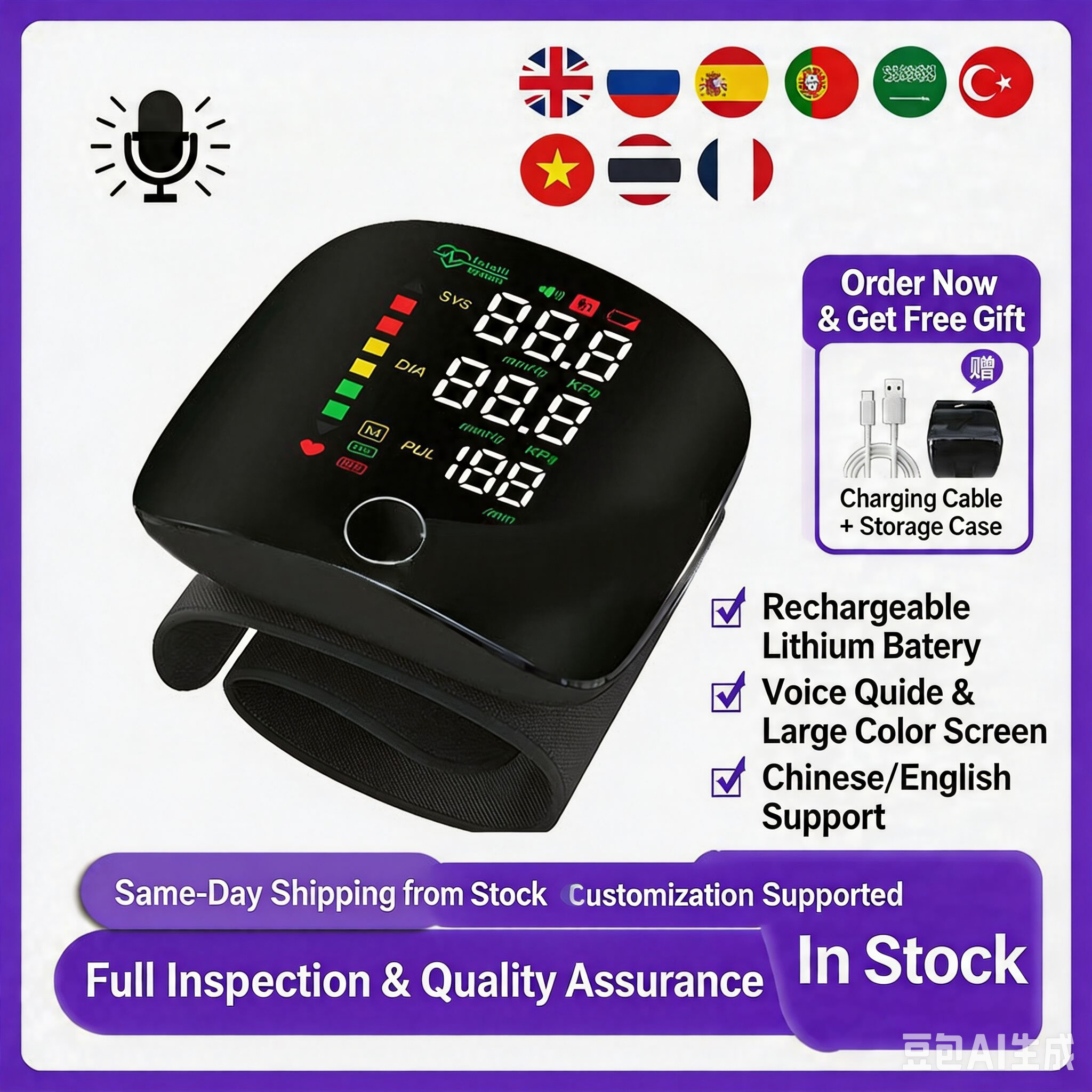 Smart Rechargeable Wrist Blood Pressure Monitor Touch Screen Home BP Tester