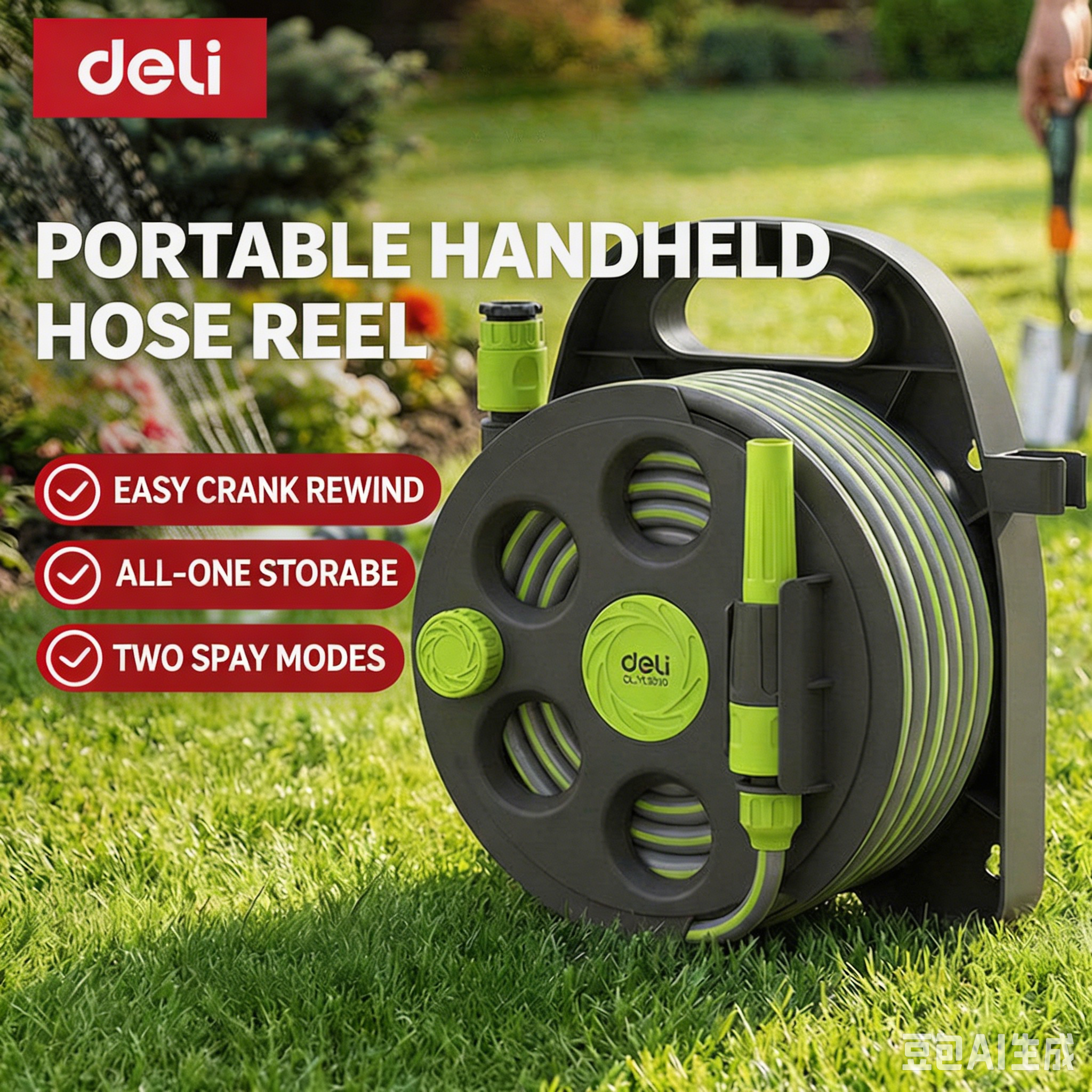 15m Deli Hose Reel | Multi-Spray Gun for Garden & Car Wash