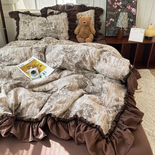 French Hepburn Retro Lace Bedding Set, Linen Texture Soft Bed Sheet & Duvet Cover, Vintage Fringe 4-Piece Bed Linen for Bedroom（180*220））