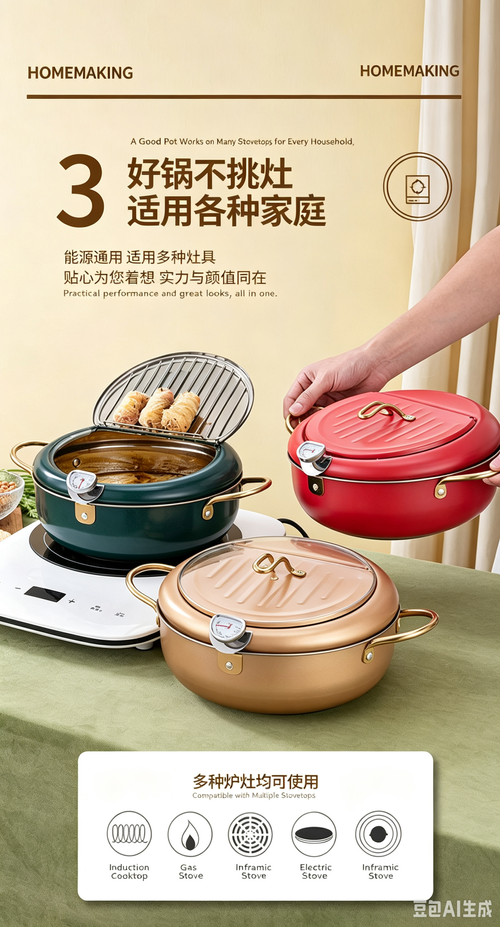 Stainless Steel Japanese Deep Fryer with Lid, Thermostatic Control, Multi-layer Bottom, Universal for All Stovetops, Household Frying Pot