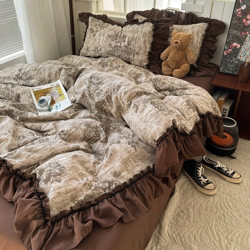 French Hepburn Retro Lace Bedding Set, Linen Texture Soft Bed Sheet & Duvet Cover, Vintage Fringe 4-Piece Bed Linen for Bedroom（180*220））