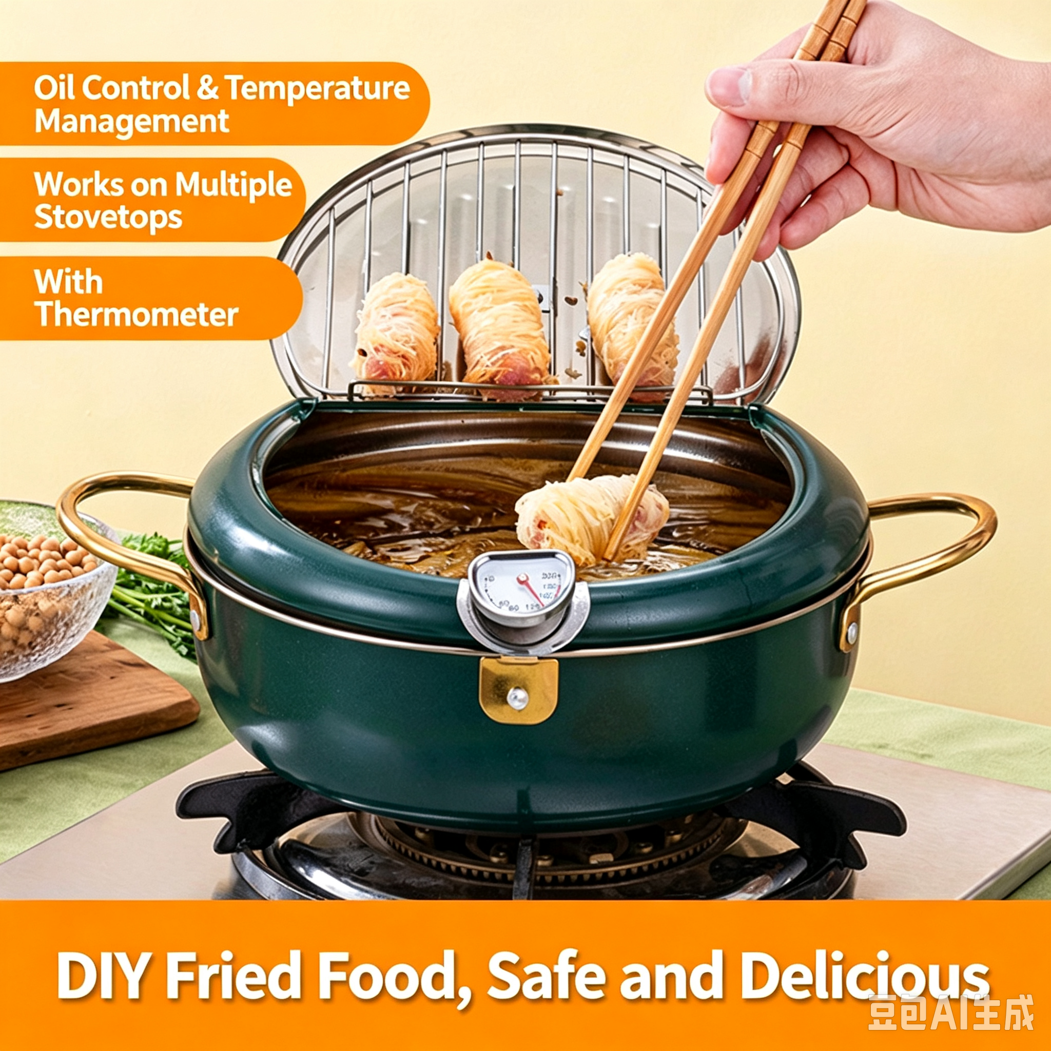 Stainless Steel Japanese Deep Fryer with Lid, Thermostatic Control, Multi-layer Bottom, Universal for All Stovetops, Household Frying Pot