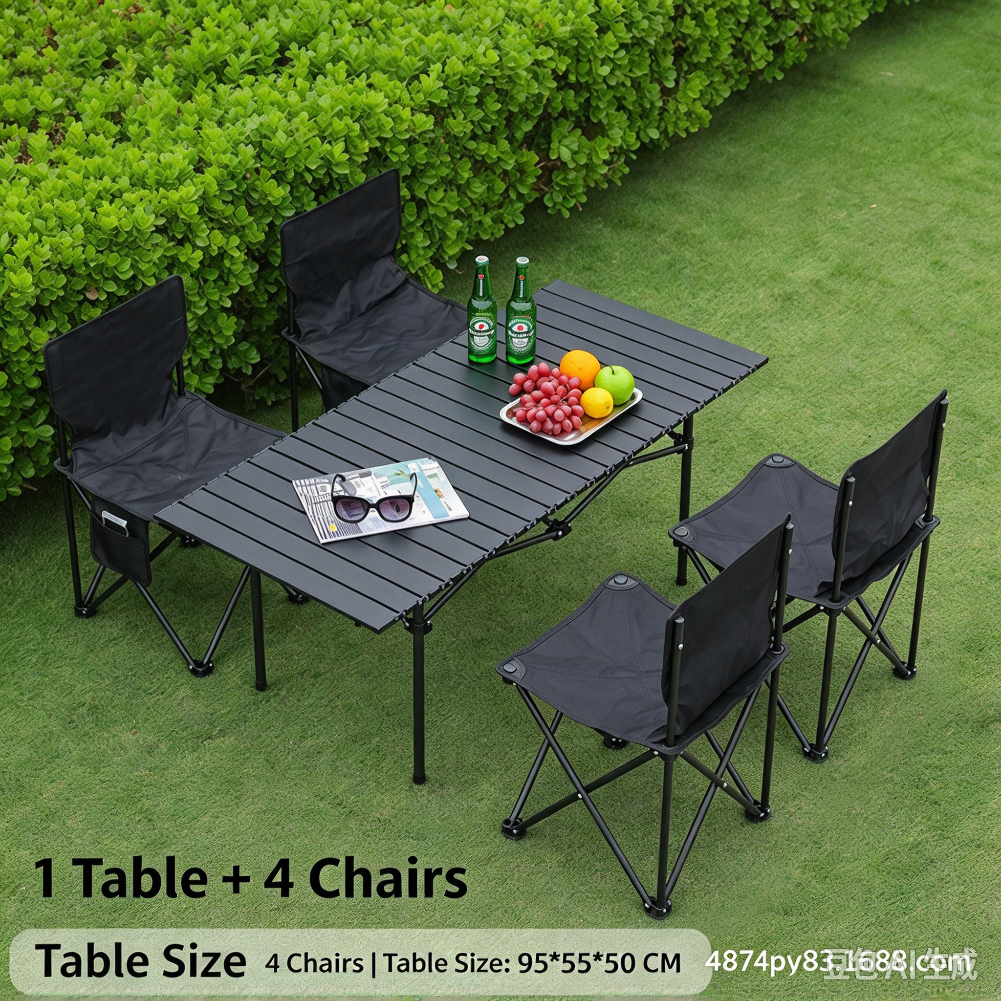 Folding Camping Table and Chairs Set, Portable Roll Up Egg Roll Table, Outdoor Picnic Camping Full Equipment Kit for BBQ, Travel, Market Stall（1 Table +4 Chairs）