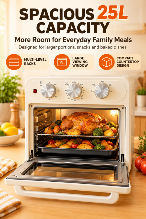 🔥 25L Large Capacity Air Fryer Oven – 1300W Power | Adjustable Temperature | 60-Minute Timer | Perfect for Family Cooking
