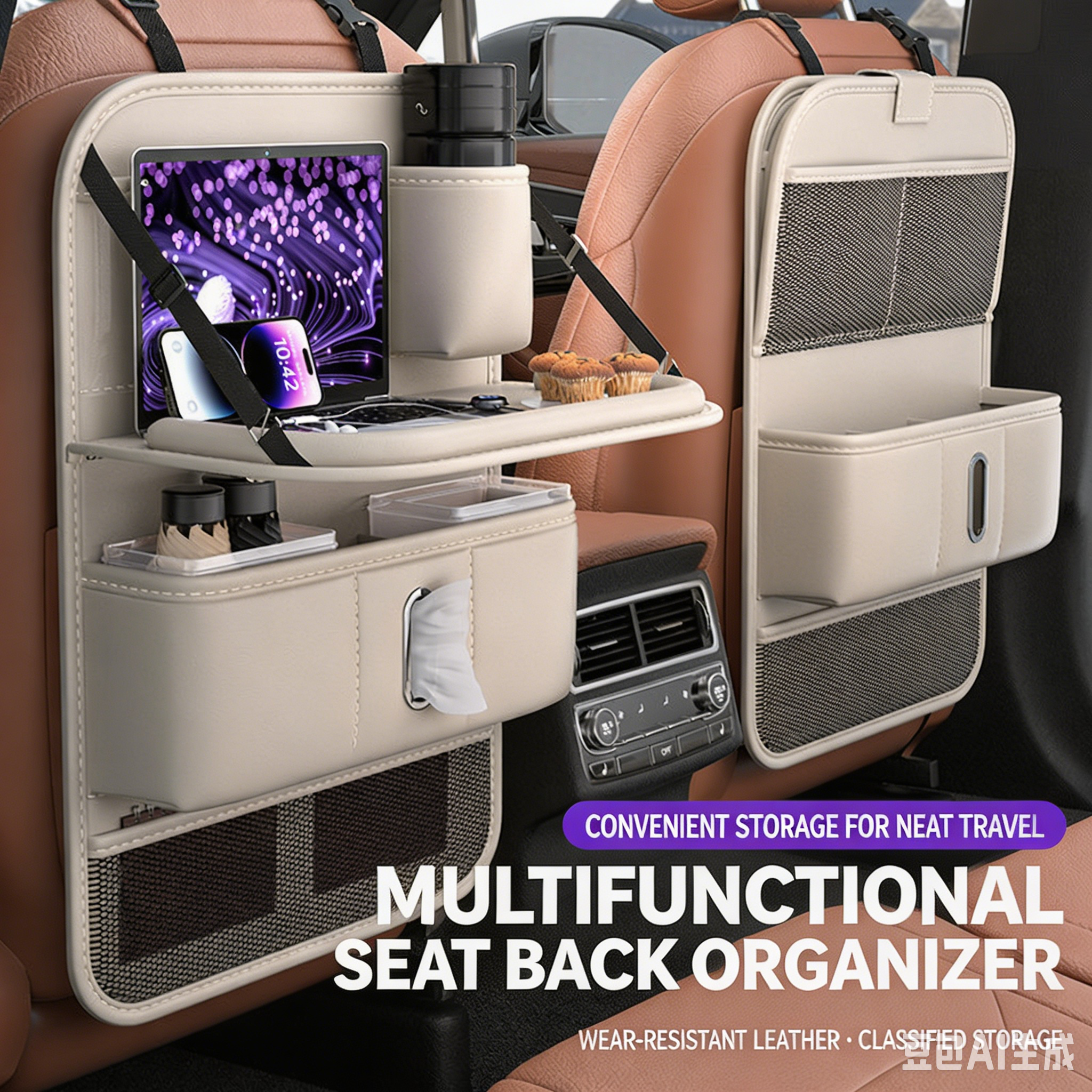 Multi-Function Car Seat Back Storage Bag | Foldable Table, Tissue Box & Trash Bin