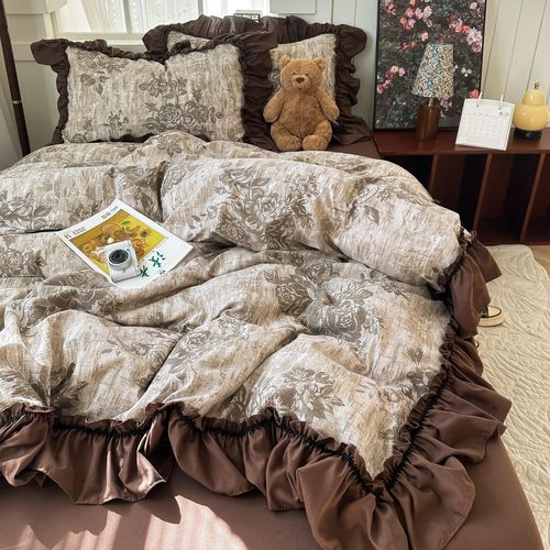 French Hepburn Retro Lace Bedding Set, Linen Texture Soft Bed Sheet & Duvet Cover, Vintage Fringe 4-Piece Bed Linen for Bedroom（180*220））