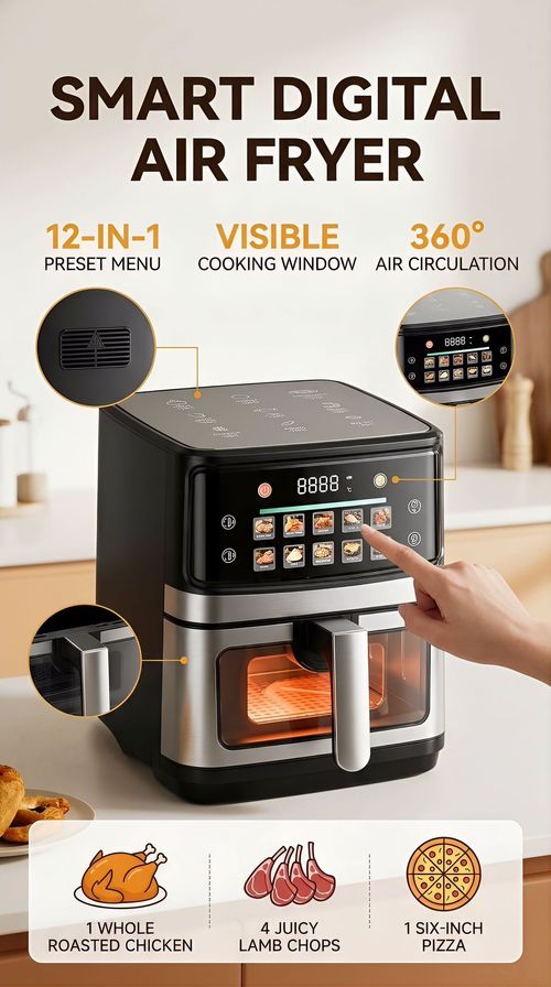 12L Large Visible Air Fryer Oven, HD Color Touch Screen, Full Stainless Steel Inner, Multi-function Oil-Free Cooker, UK Plug 220V 50Hz