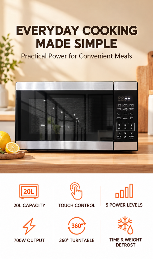 🔥 20L Digital Microwave Oven – 700W Fast Heating | Touch Control | 5 Power Levels | Perfect for Every Kitchen!