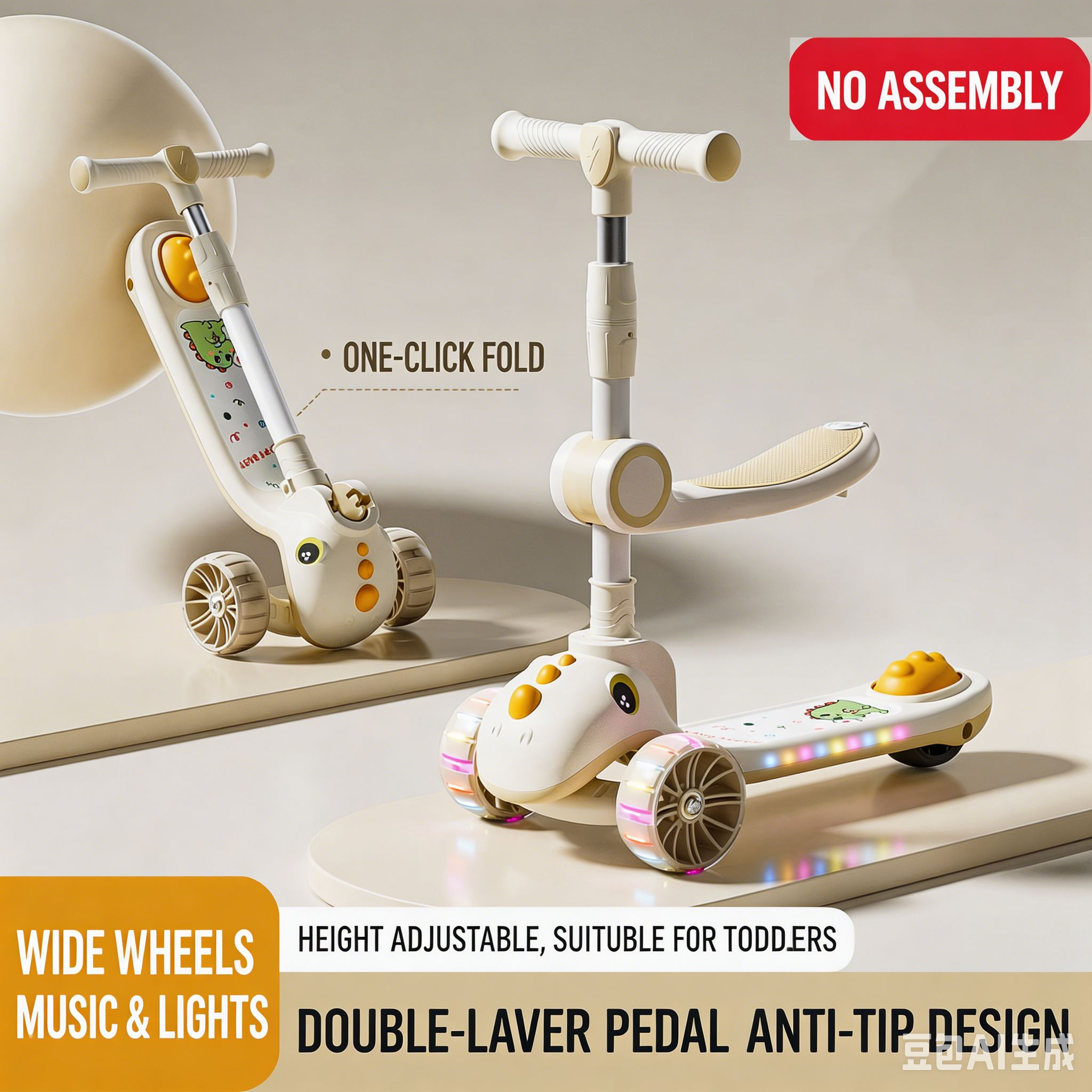 3-in-1 Foldable Kids Scooter with Seat, for Boys & Girls Ages 1–10, Ride & Slide Toddler Balance Scooter