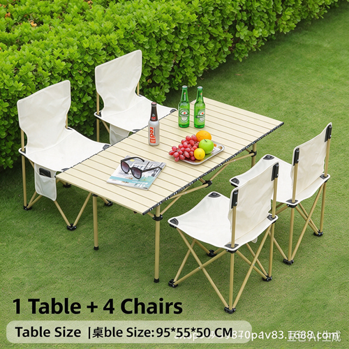 Folding Camping Table and Chairs Set, Portable Roll Up Egg Roll Table, Outdoor Picnic Camping Full Equipment Kit for BBQ, Travel, Market Stall（1 Table +4 Chairs）