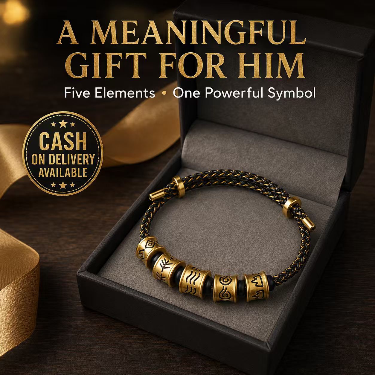 🔥Mens Sand Gold Five Elements Bracelet – Adjustable Symbolic Fortune Bracelet