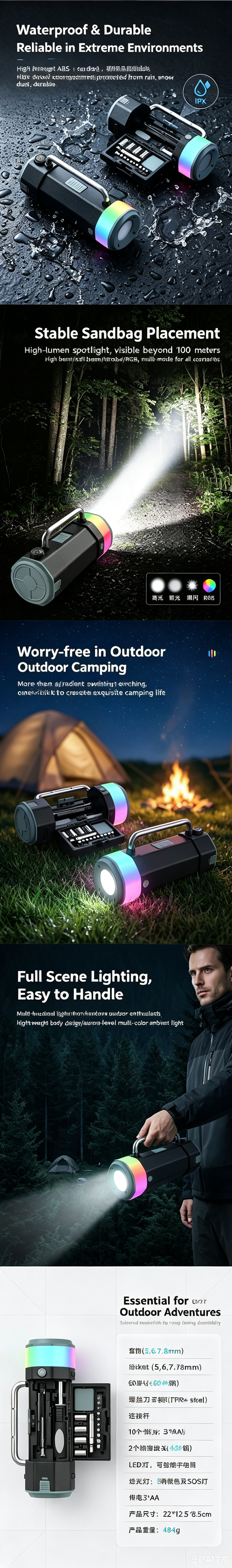 Multifunctional RGB Flashlight DK-109, Car Emergency Tool Kit with Screwdriver Set, Waterproof Camping LED Work Light with Compass & Alarm SOS Light