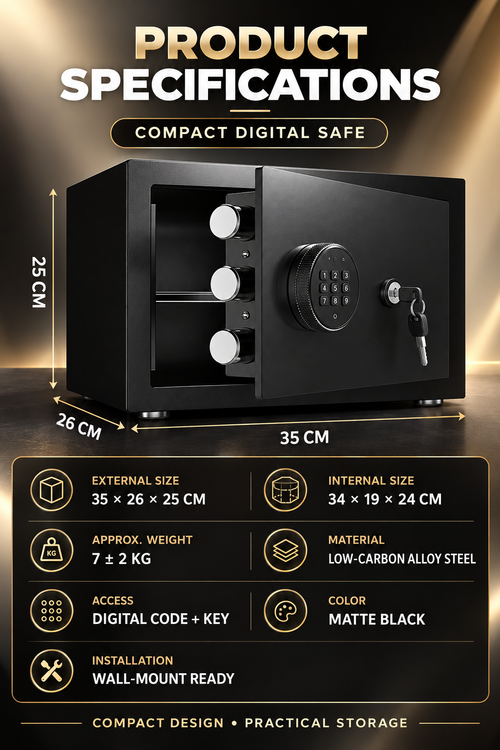 🔐 Compact Digital Electronic Safe Box | Password & Key Lock | 35 × 26 × 25 CM | Home & Office Security