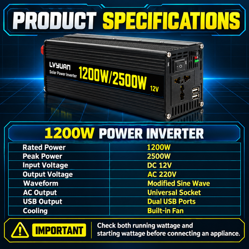 ⚡ LVYUAN 1200W Power Inverter | 12V DC to 220V AC Converter | 2500W Peak Power | Car, Camping & Emergency Backup Power