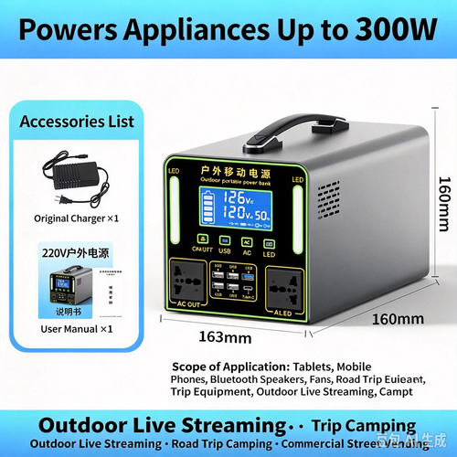 300W Portable Outdoor Power Station, 220V AC Output, Multi USB & Type-C Ports, LCD Display, LED Light, Emergency Backup Power for Camping, Road Trip, Live Streaming