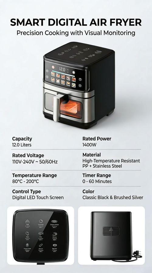12L Large Visible Air Fryer Oven, HD Color Touch Screen, Full Stainless Steel Inner, Multi-function Oil-Free Cooker, UK Plug 220V 50Hz