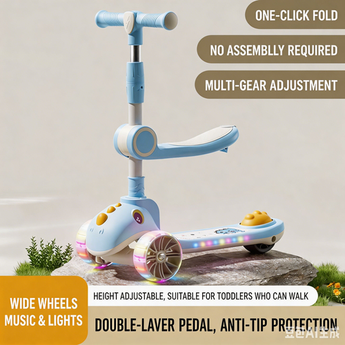 3-in-1 Foldable Kids Scooter with Seat, for Boys & Girls Ages 1–10, Ride & Slide Toddler Balance Scooter