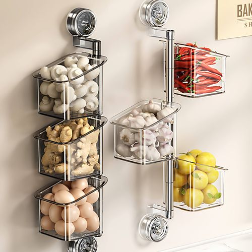 Plastic PVC L-shaped Scallion Ginger Garlic Storage Box Double Suction Cup Rotating Wall-Mounted Kitchen Multi-Layer Storage