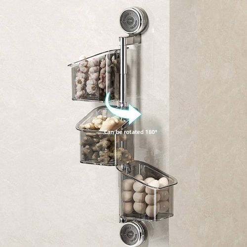 Plastic PVC L-shaped Scallion Ginger Garlic Storage Box Double Suction Cup Rotating Wall-Mounted Kitchen Multi-Layer Storage