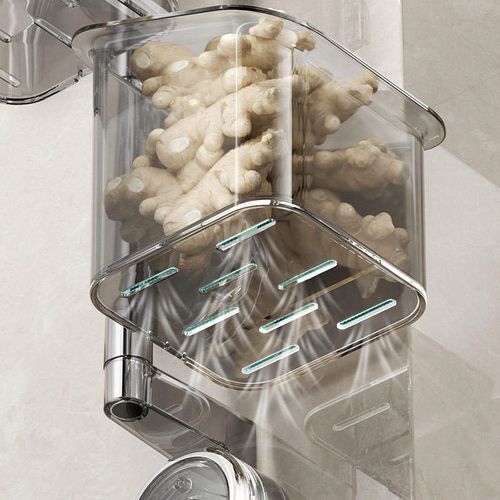 Plastic PVC L-shaped Scallion Ginger Garlic Storage Box Double Suction Cup Rotating Wall-Mounted Kitchen Multi-Layer Storage
