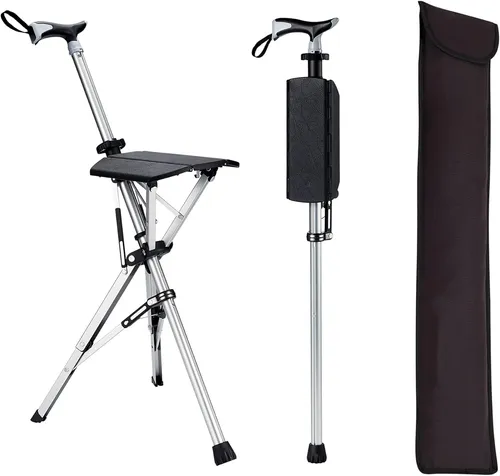 Walking Stick Chair | LED Light, Massage Seat & Reinforced Base - Adjustable 3-Leg Mobility Aid