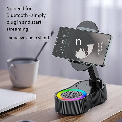 Wireless Induction Audio Speaker 5in1 Phone Holder Rechargeable with Colorful Ambient Light 300° Foldable