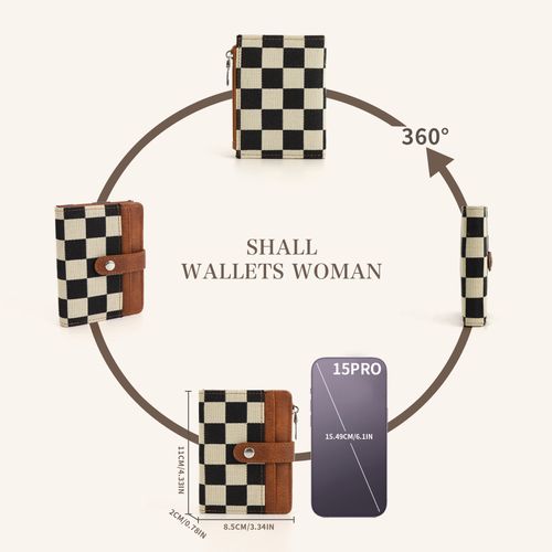 Translation: Checkerboard-patterned small wallet for women, with multiple card slots and compartments, portable for coins and bank cards.