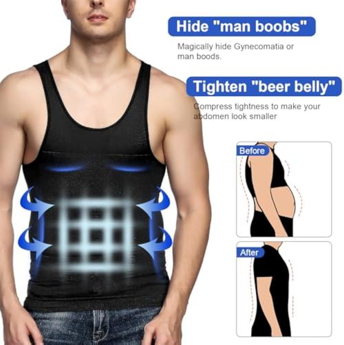 Mens Compression Shirt Slimming Body Shaper Vest Workout Tank Tops Abs Abdomen Undershirts ,Black 2-Piece
