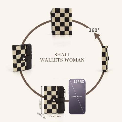 Translation: Checkerboard-patterned small wallet for women, with multiple card slots and compartments, portable for coins and bank cards.