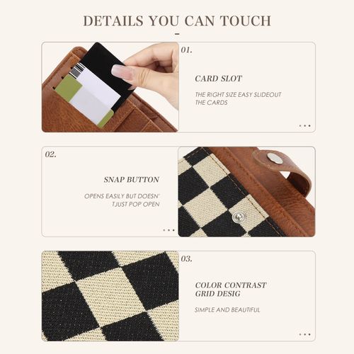 Translation: Checkerboard-patterned small wallet for women, with multiple card slots and compartments, portable for coins and bank cards.