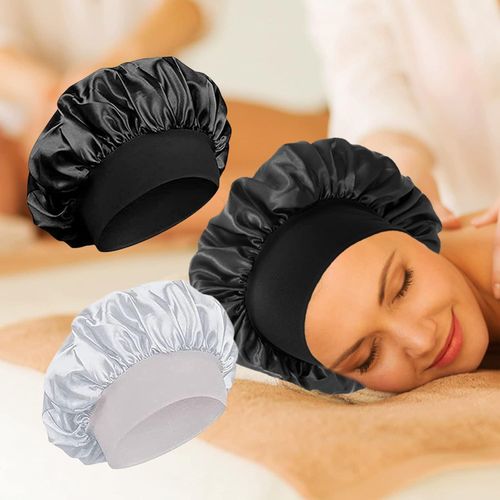 Hot-selling 3-piece set (red, black, blue): satin and silk sleep caps, silk headbands, and double-layered satin shower caps. Wide, stretchy, large-sized design fits well—perfect for sleep and shower!