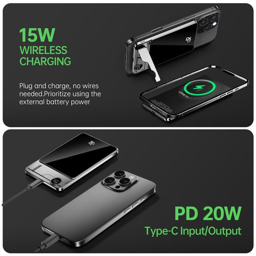 2025 Ultra-Thin Aluminum Alloy 10000mAh Power Bank with Foldable Stand, Magnetic Wireless Charging