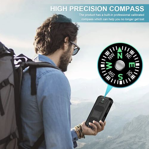 4-in-1 Solar Charger: Solar Power Bank, Built-in Compass, Flashlight, & Waterproof. Your Ultimate Outdoor Adventure Gear! Stay Charged, Found, and Lit.