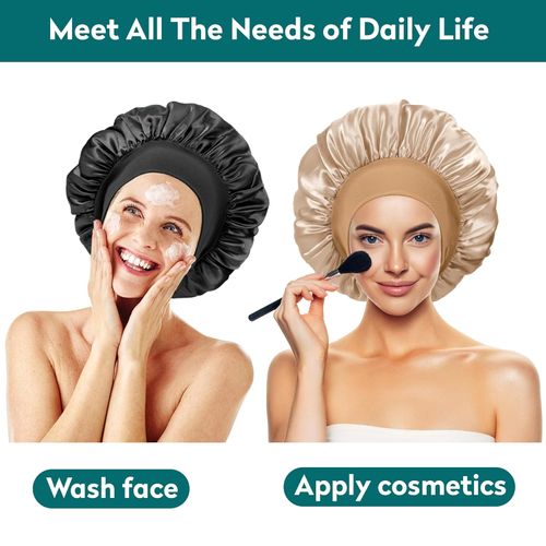 Hot-selling 3-piece set (red, black, blue): satin and silk sleep caps, silk headbands, and double-layered satin shower caps. Wide, stretchy, large-sized design fits well—perfect for sleep and shower!