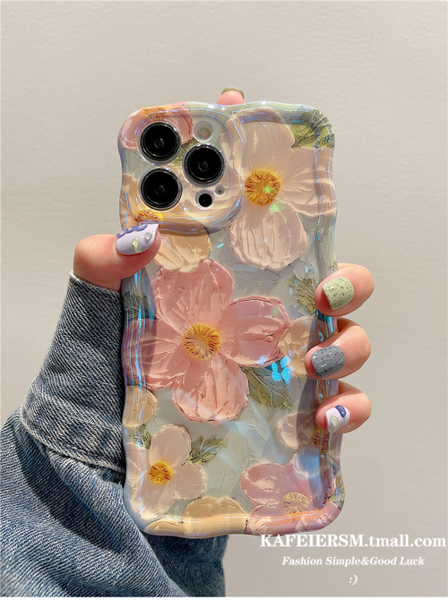 Beautiful Irregular Ruffled Edge Oil Painting Floral Print TPU Phone Case for iPhone