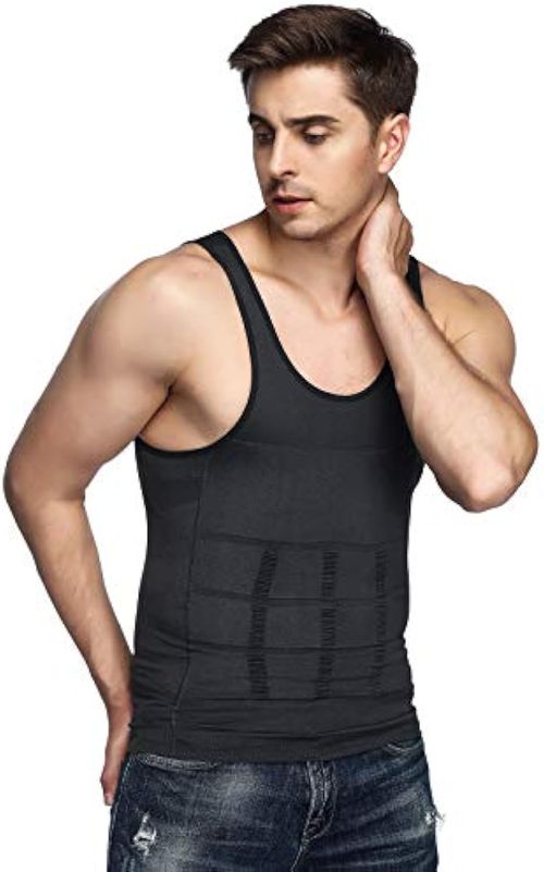 Mens Compression Shirt Slimming Body Shaper Vest Workout Tank Tops Abs Abdomen Undershirts ,Black 2-Piece