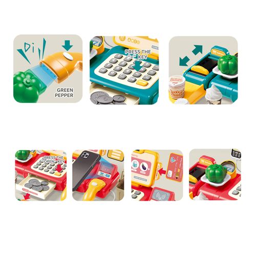 A cartoon-style cash register toy with computer functions, featuring mobile phone and cash payment modes, which simulates a supermarket cash register game