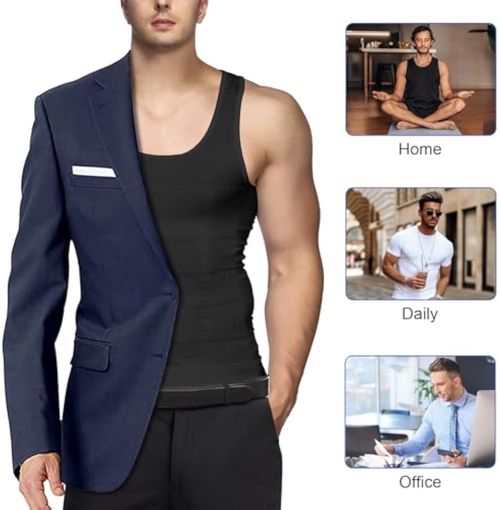 Mens Compression Shirt Slimming Body Shaper Vest Workout Tank Tops Abs Abdomen Undershirts ,Black 2-Piece