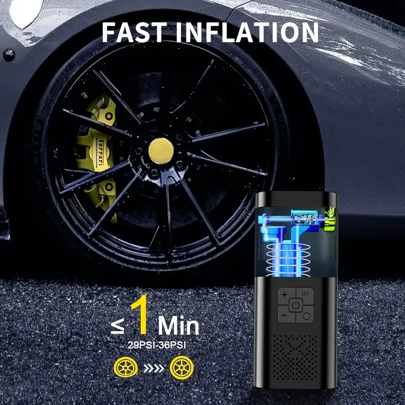 Fast Car Tire Pump, Portable Air Compressor Tire Inflator - Equipped with LED Light, Tire Pressure Gauge, And One-Button Smart Cordless Design - Suitable for Cars, Motorcycles, Bicycles, And Sports Balls, Three Times Faster