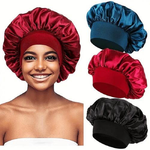 Hot-selling 3-piece set (red, black, blue): satin and silk sleep caps, silk headbands, and double-layered satin shower caps. Wide, stretchy, large-sized design fits well—perfect for sleep and shower!