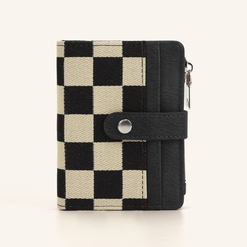 Translation: Checkerboard-patterned small wallet for women, with multiple card slots and compartments, portable for coins and bank cards.