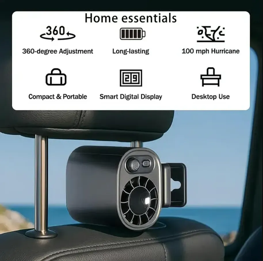 USB Clip-On Car Fan with LED Display